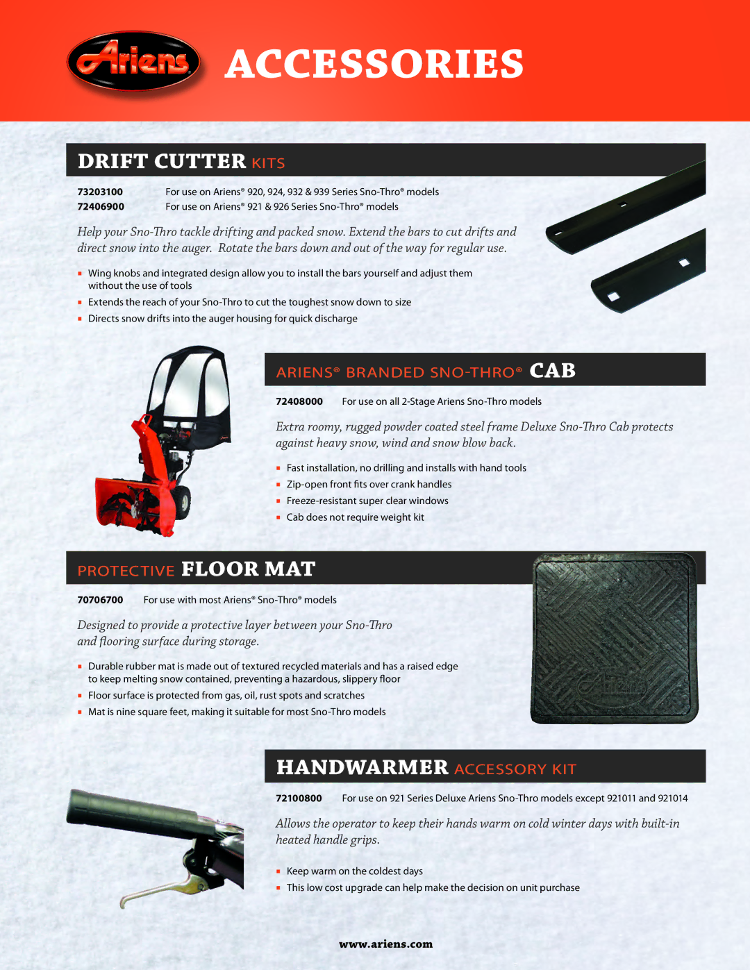 Ariens 72406500 manual Drift Cutter Kits, Ariens Branded SNO-THRO CAB, Protective Floor MAT, Handwarmer Accessory KIT 