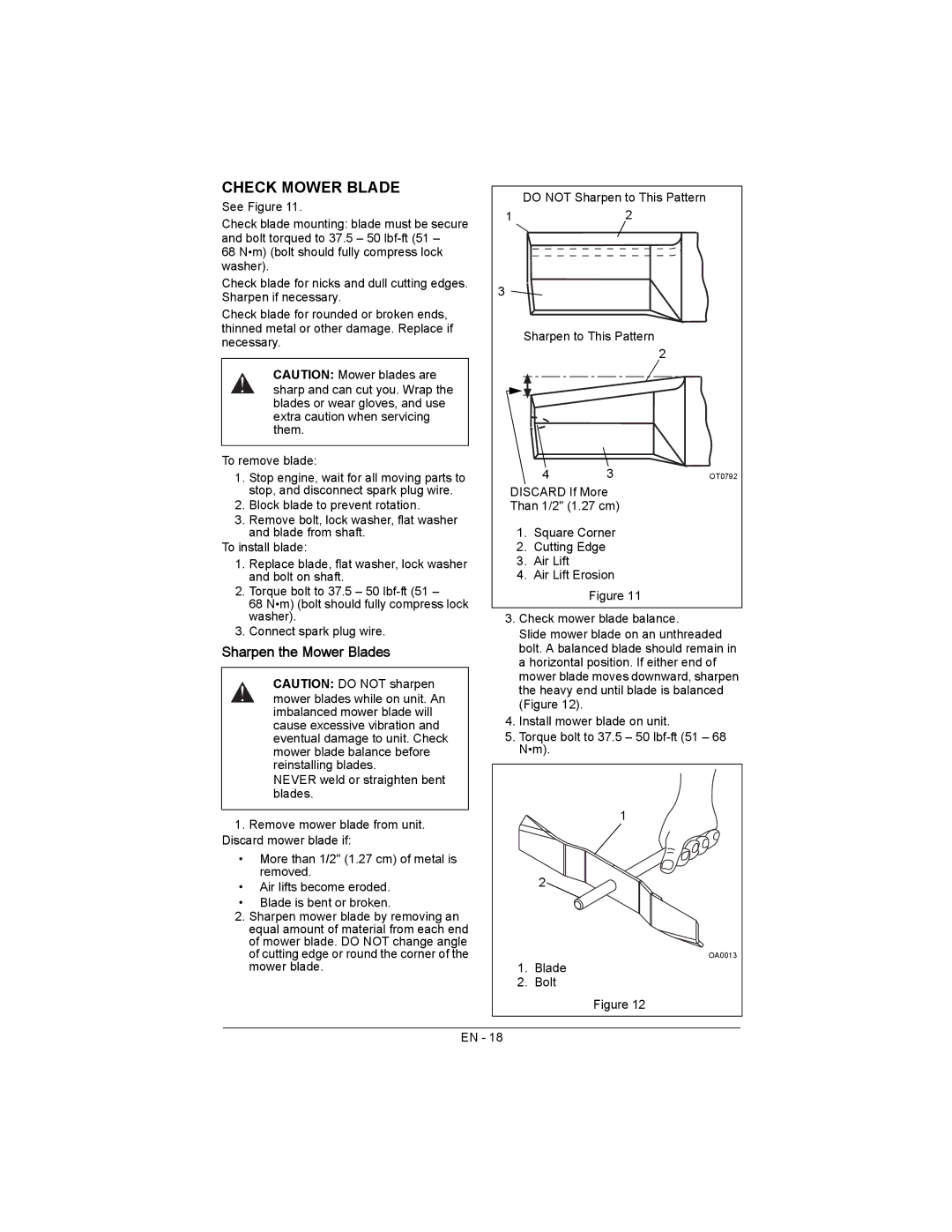 Ariens 911179, 911175, 911173 warranty Check Mower Blade, Sharpen the Mower Blades 