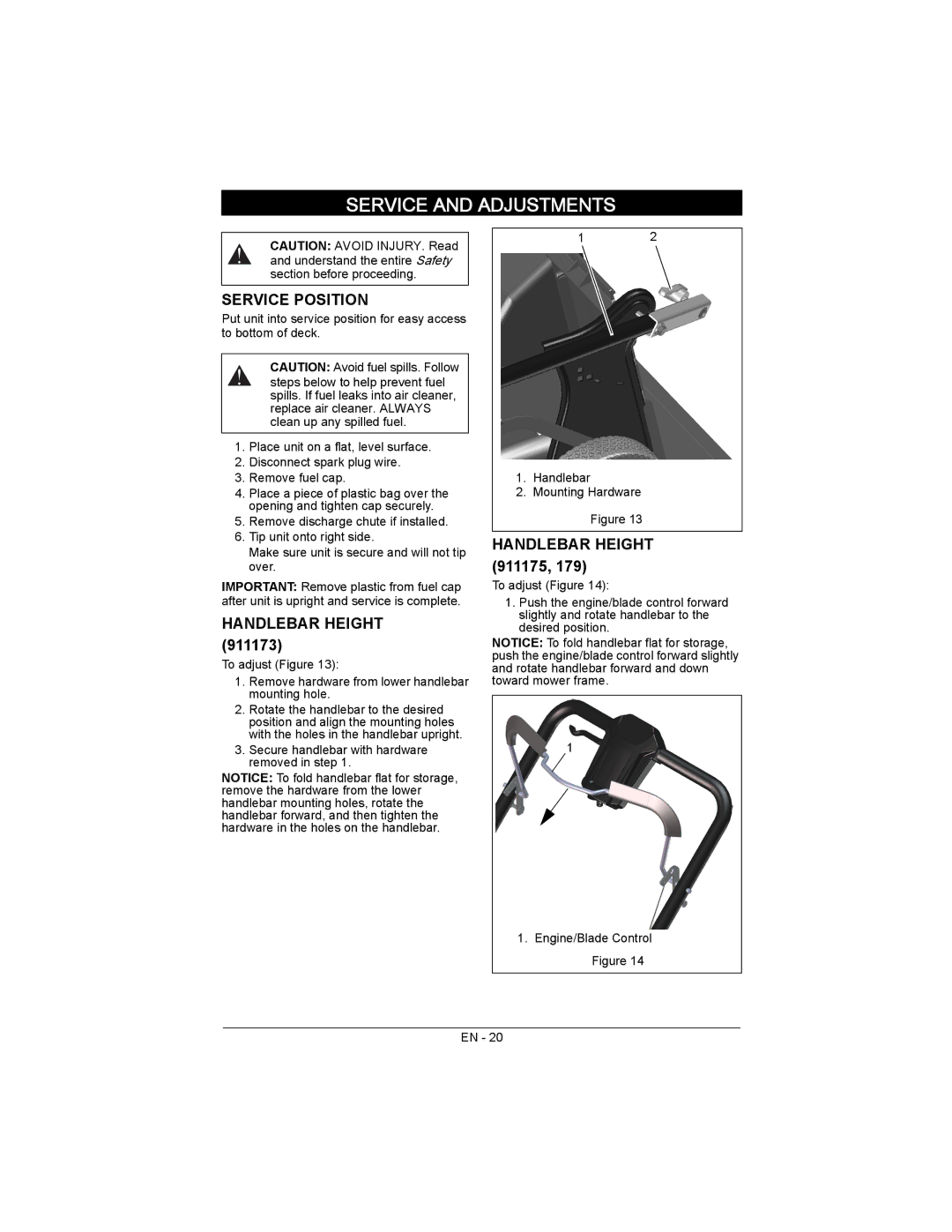 Ariens 911173, 911179, 911175 warranty Service and Adjustments, Service Position, Handlebar Height 