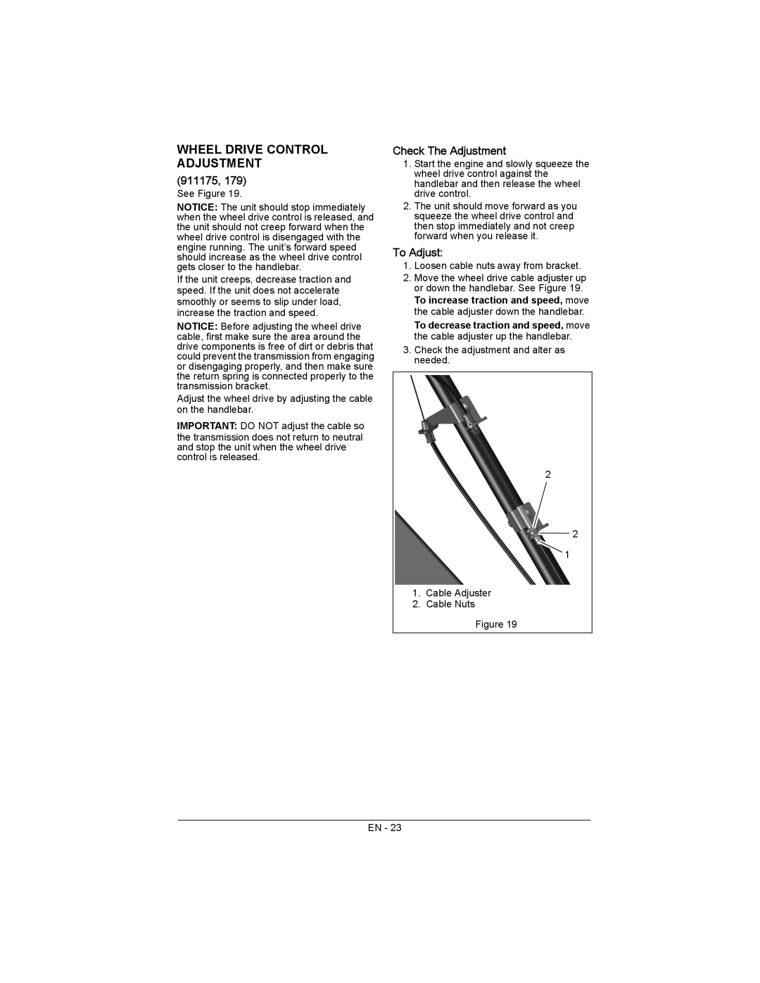 Ariens 911173, 911179, 911175 warranty Wheel Drive Control Adjustment, Check The Adjustment, To Adjust 