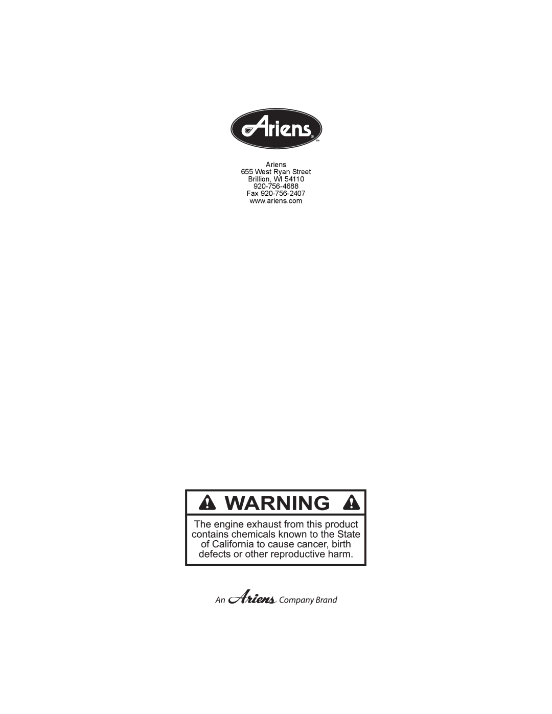 Ariens 911179, 911175, 911173 warranty Ariens West Ryan Street Brillion, WI Fax 