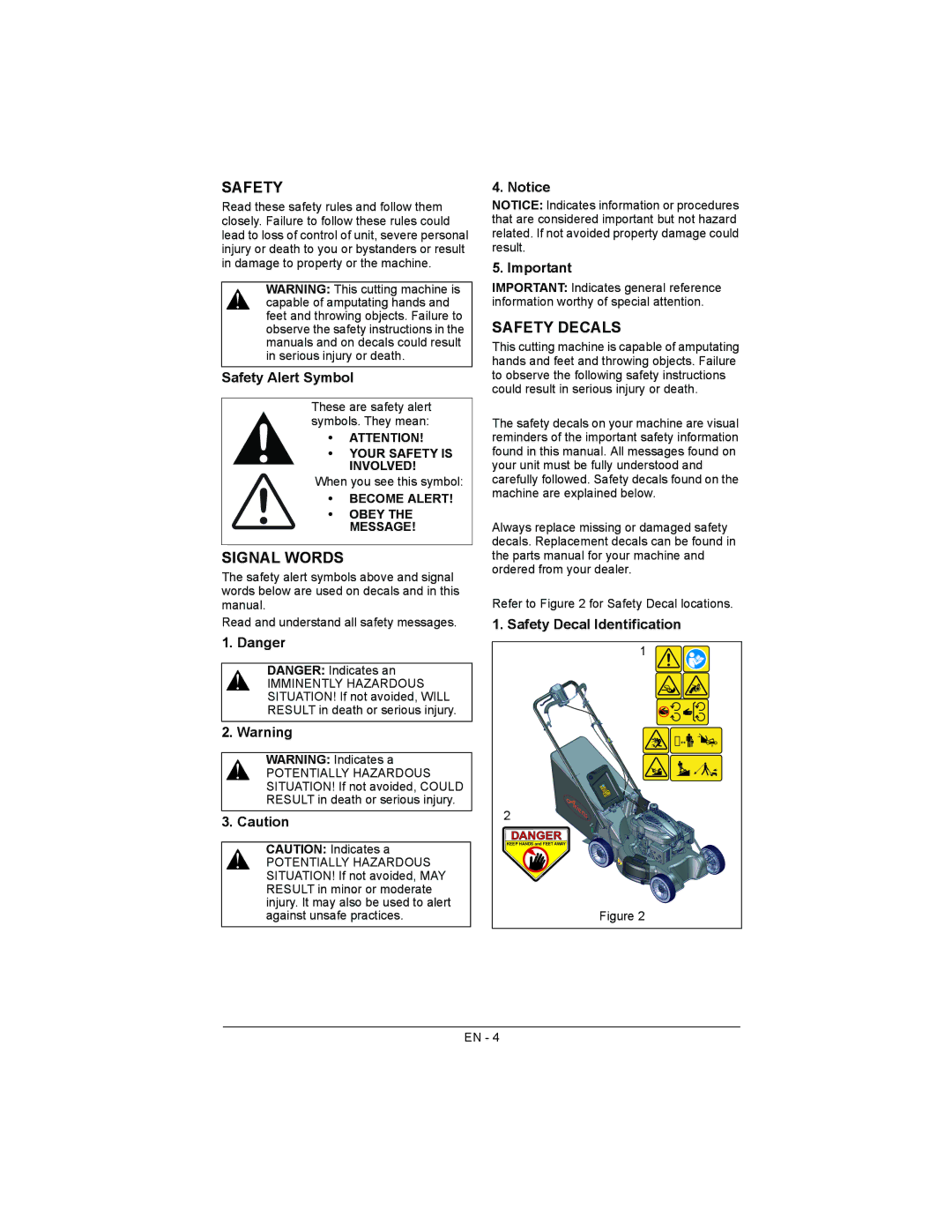 Ariens 911175, 911179, 911173 warranty Signal Words, Safety Decals, Safety Alert Symbol, Safety Decal Identification 