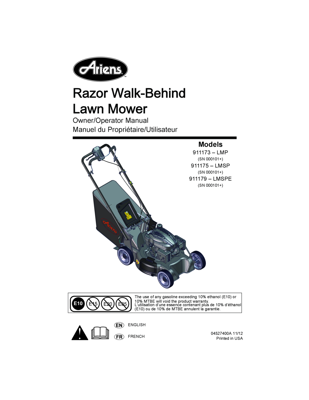 Ariens 911175 warranty Models, Razor Walk-Behind Lawn Mower, Owner/Operator Manual, Manuel du Propriétaire/Utilisateur 