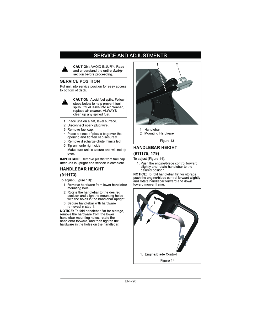 Ariens 911173, 911179, 911175 warranty Service And Adjustments, Service Position, Handlebar Height 