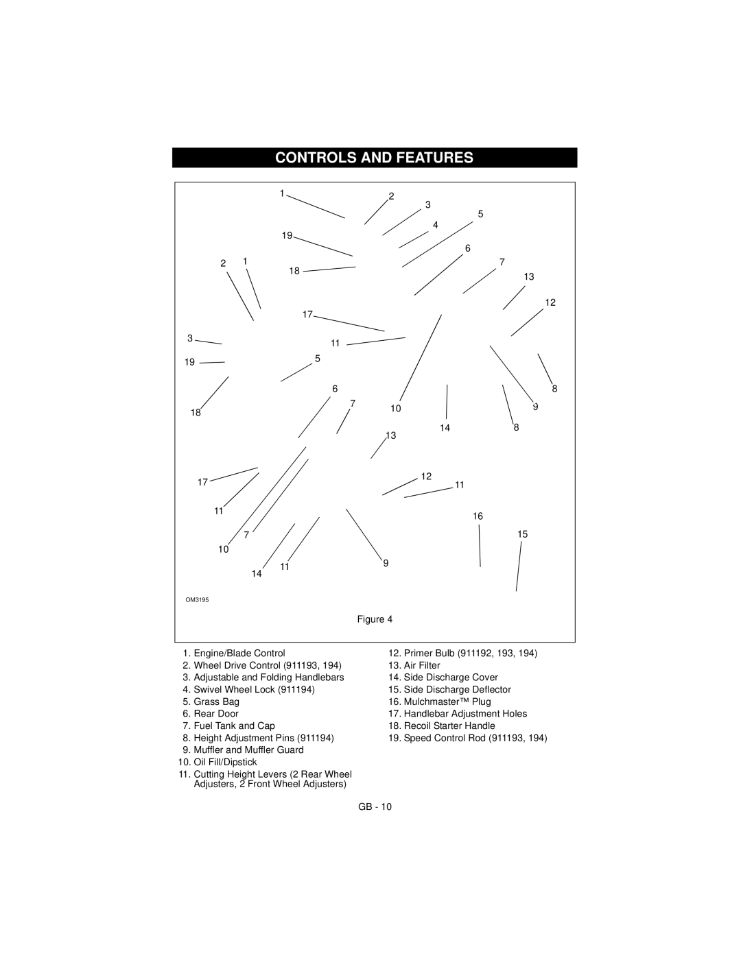 Ariens 911194 warranty Controls and Features 