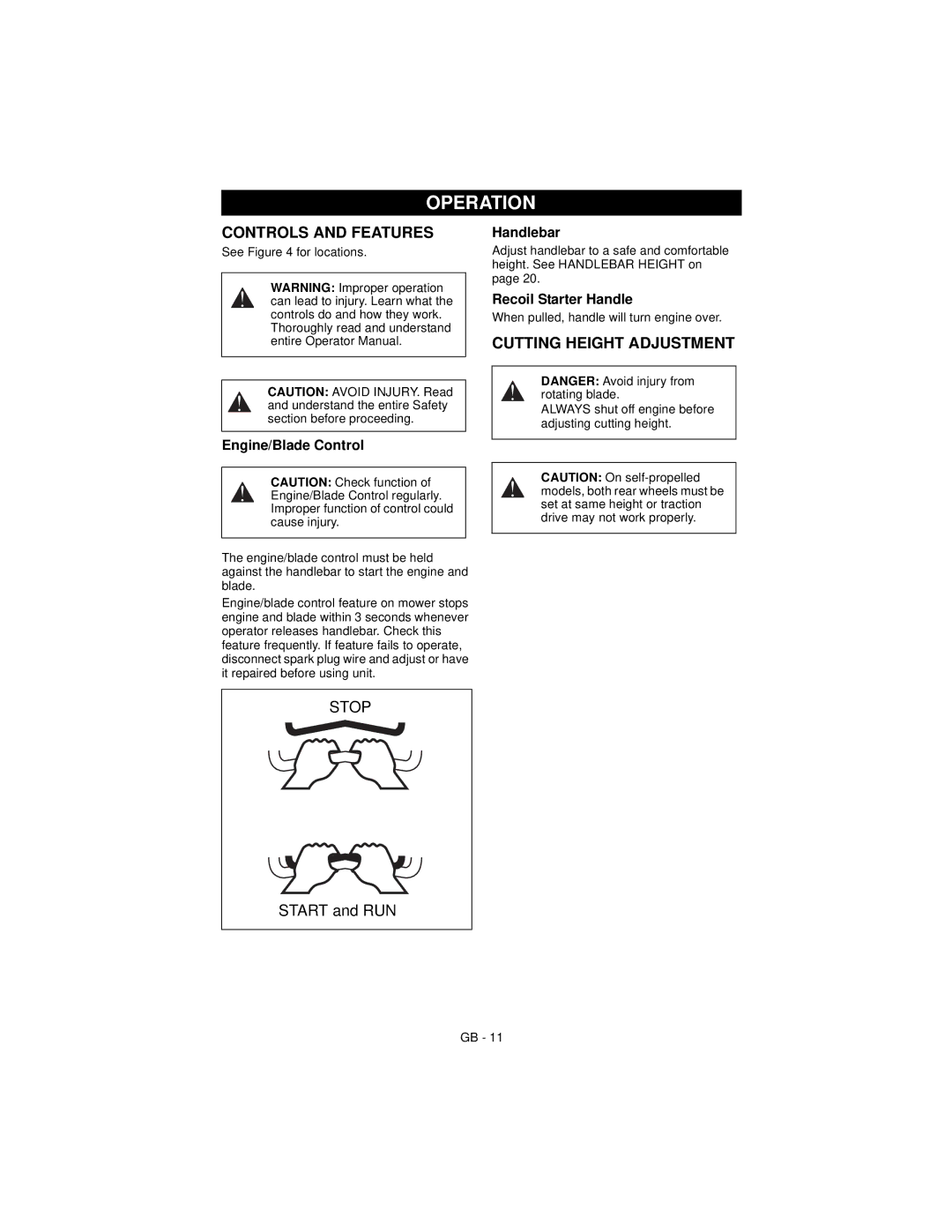 Ariens 911194 warranty Operation, Controls and Features, Cutting Height Adjustment 