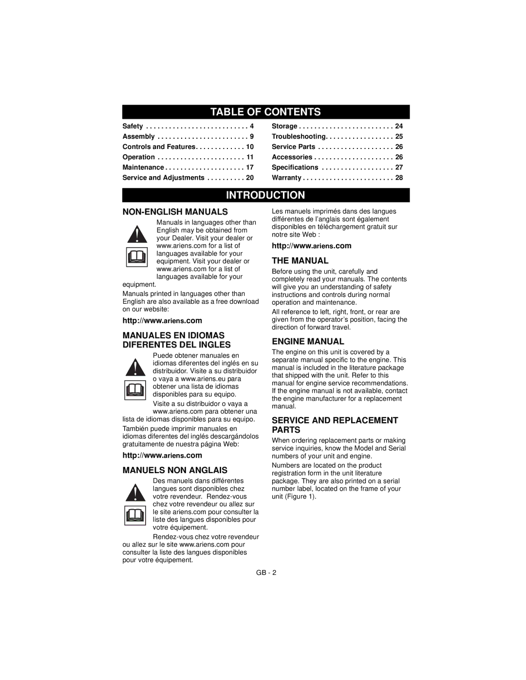 Ariens 911194 warranty Table of Contents, Introduction 