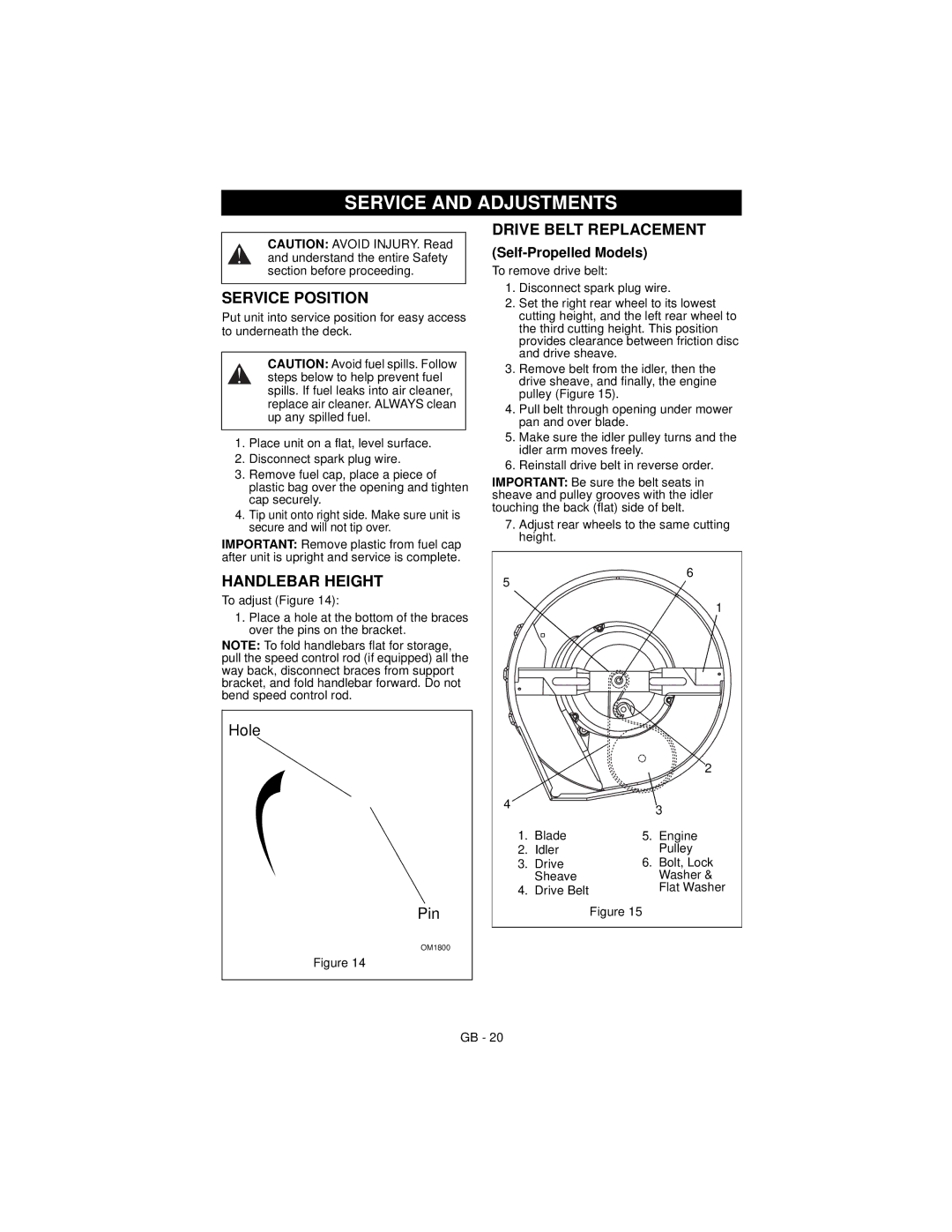 Ariens 911194 warranty Service and Adjustments, Service Position, Handlebar Height, Drive Belt Replacement 