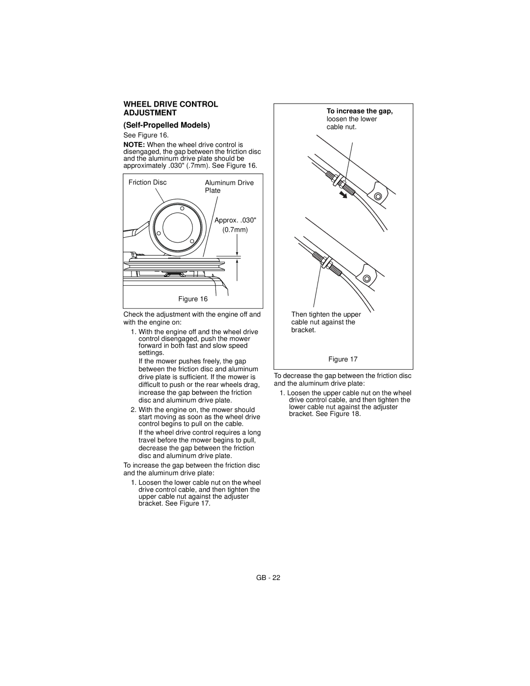 Ariens 911194 warranty Wheel Drive Control Adjustment, To increase the gap 