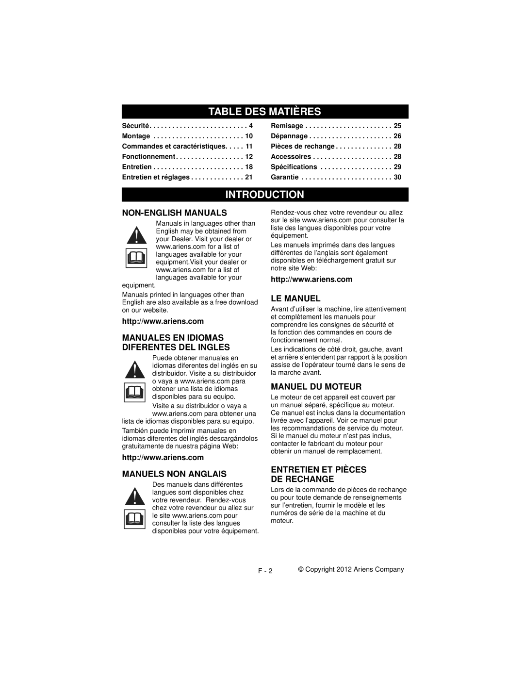 Ariens 911194 warranty Table DES Matières, LE Manuel, Manuel DU Moteur, Entretien ET Pièces DE Rechange 