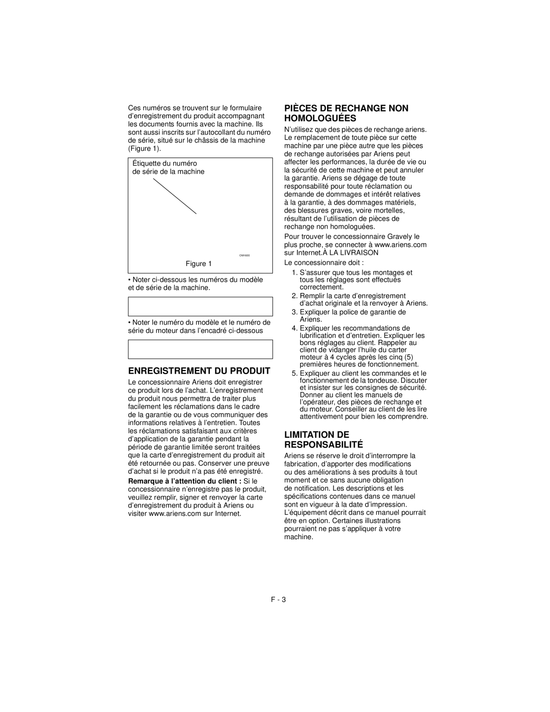 Ariens 911194 warranty Enregistrement DU Produit, Pièces DE Rechange NON Homologuées, Limitation DE Responsabilité 