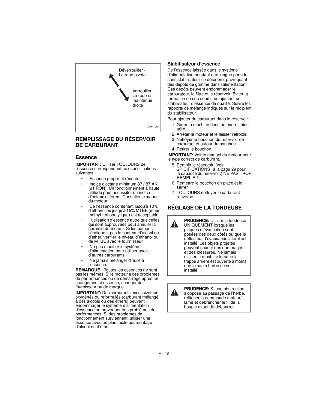 Ariens 911194 warranty Remplissage DU Réservoir DE Carburant, Réglage DE LA Tondeuse, Stabilisateur d’essence 