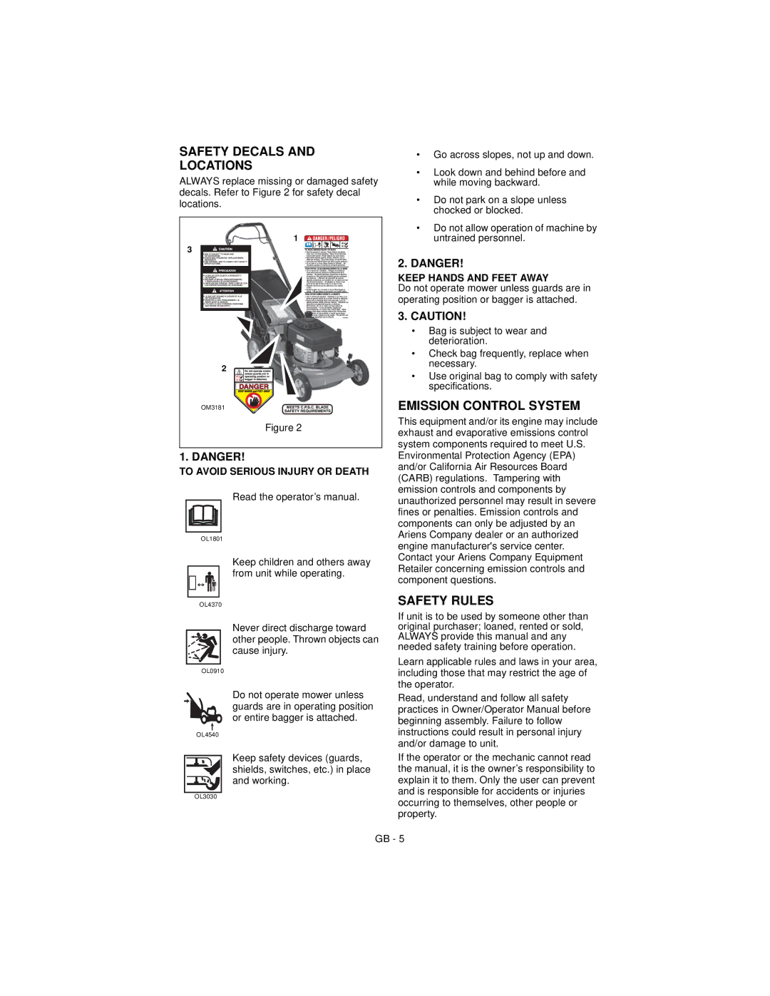 Ariens 911194 warranty Safety Decals Locations, Emission Control System, Safety Rules 