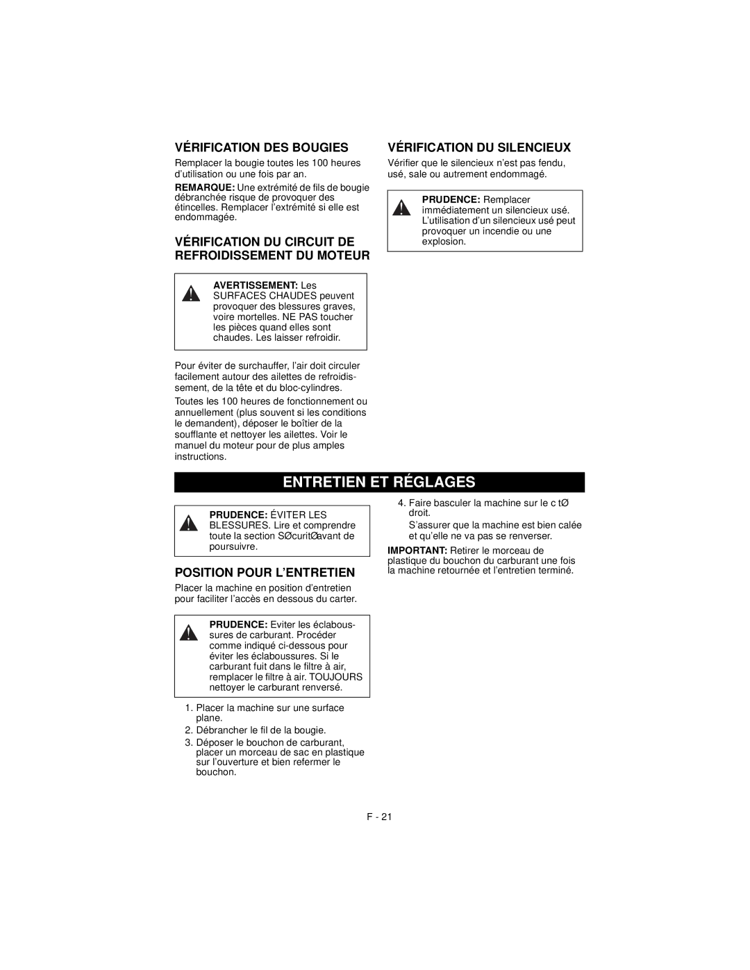 Ariens 911194 warranty Entretien ET Réglages, Vérification DES Bougies, Position Pour L’ENTRETIEN, Prudence Remplacer 