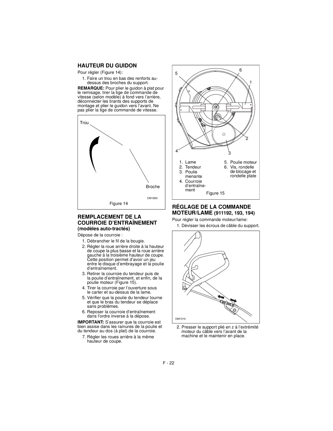 Ariens 911194 warranty Hauteur DU Guidon, Remplacement DE LA Courroie D’ENTRAÎNEMENT, Modèles auto-tractés 