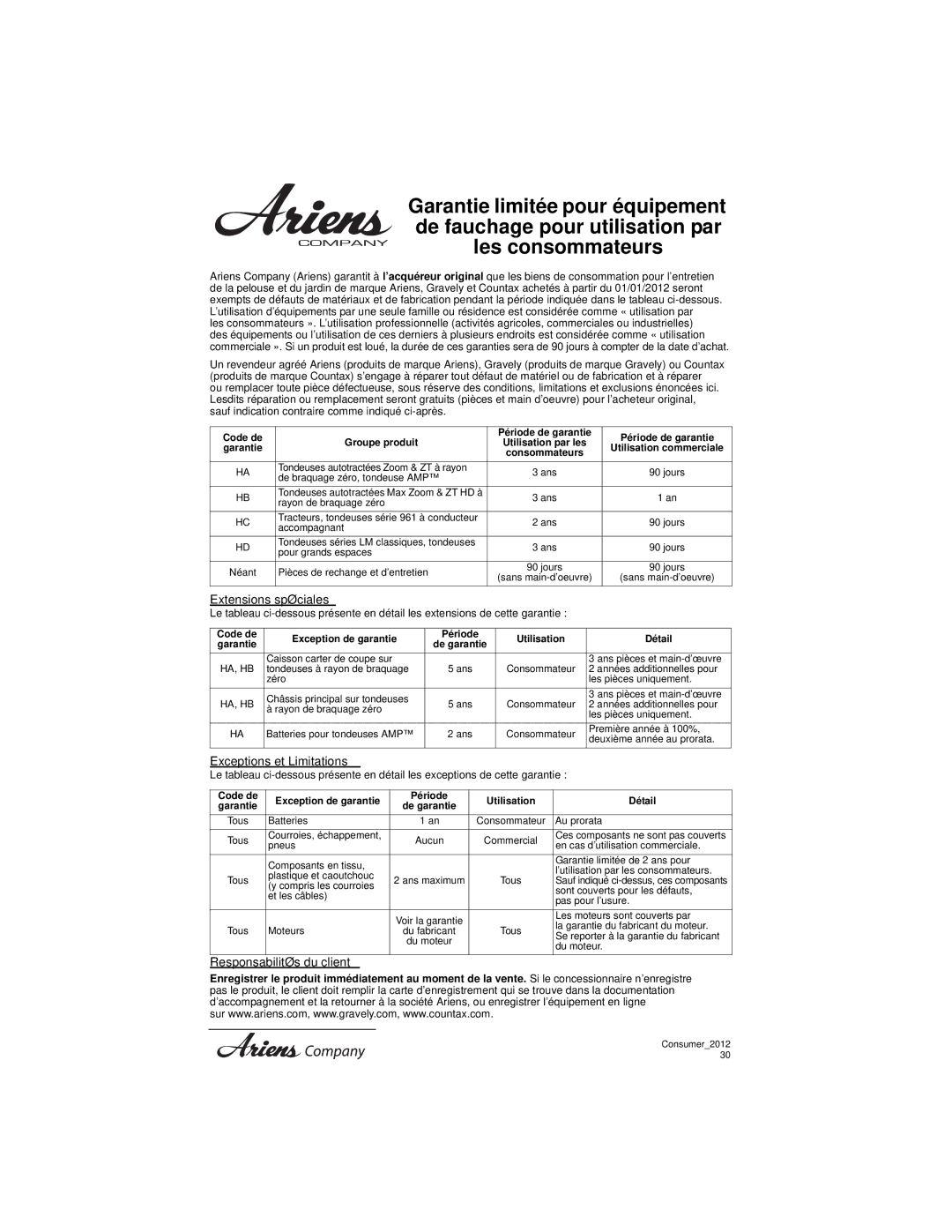 Ariens 911194 warranty Extensions spéciales 