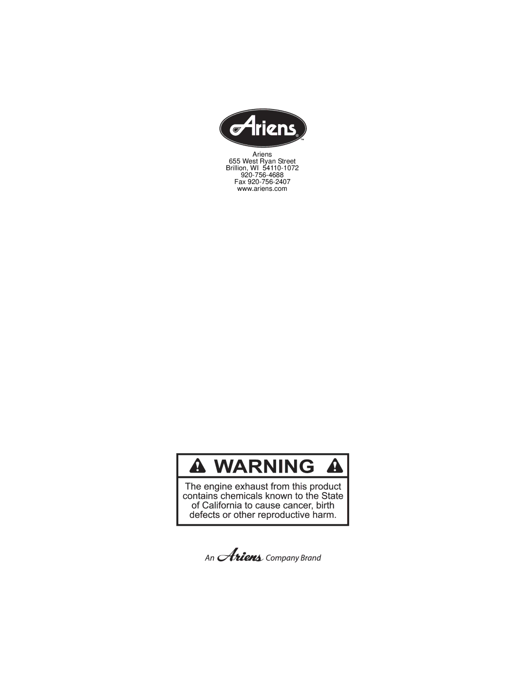 Ariens 911194 warranty Ariens West Ryan Street Brillion, WI Fax 