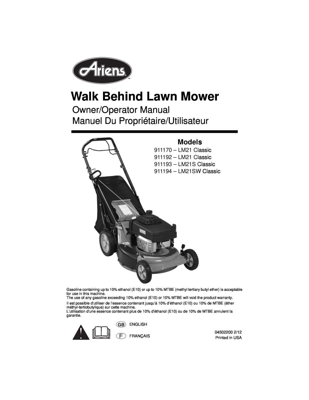 Ariens 911194 warranty Walk Behind Lawn Mower, Owner/Operator Manual Manuel Du Propriétaire/Utilisateur, Models 