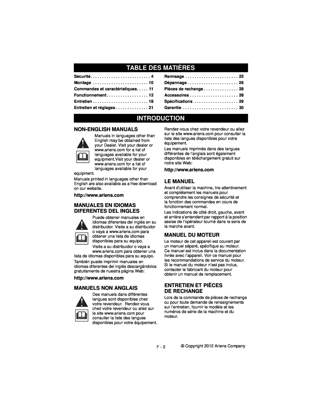 Ariens 911194 warranty Table Des Matières, Le Manuel, Manuel Du Moteur, Entretien Et Pièces De Rechange, Introduction 