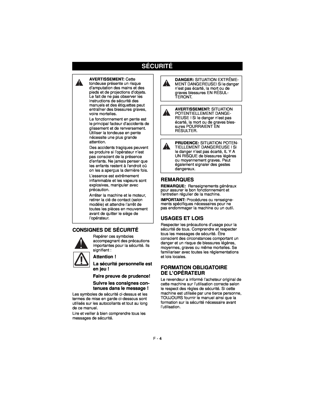 Ariens 911194 warranty Consignes De Sécurité, Remarques, Usages Et Lois, Formation Obligatoire De L’Opérateur 