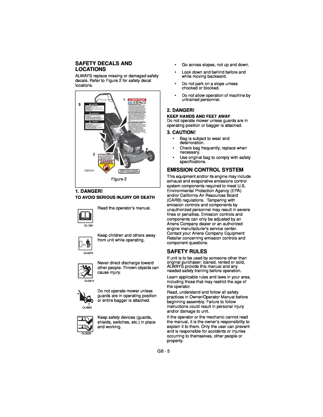 Ariens 911194 warranty Safety Decals And Locations, Emission Control System, Safety Rules, To Avoid Serious Injury Or Death 