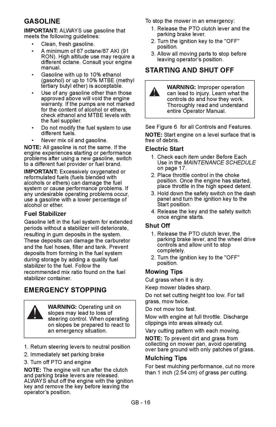 Ariens 911413 warranty Gasoline, Emergency Stopping, Starting and Shut OFF 