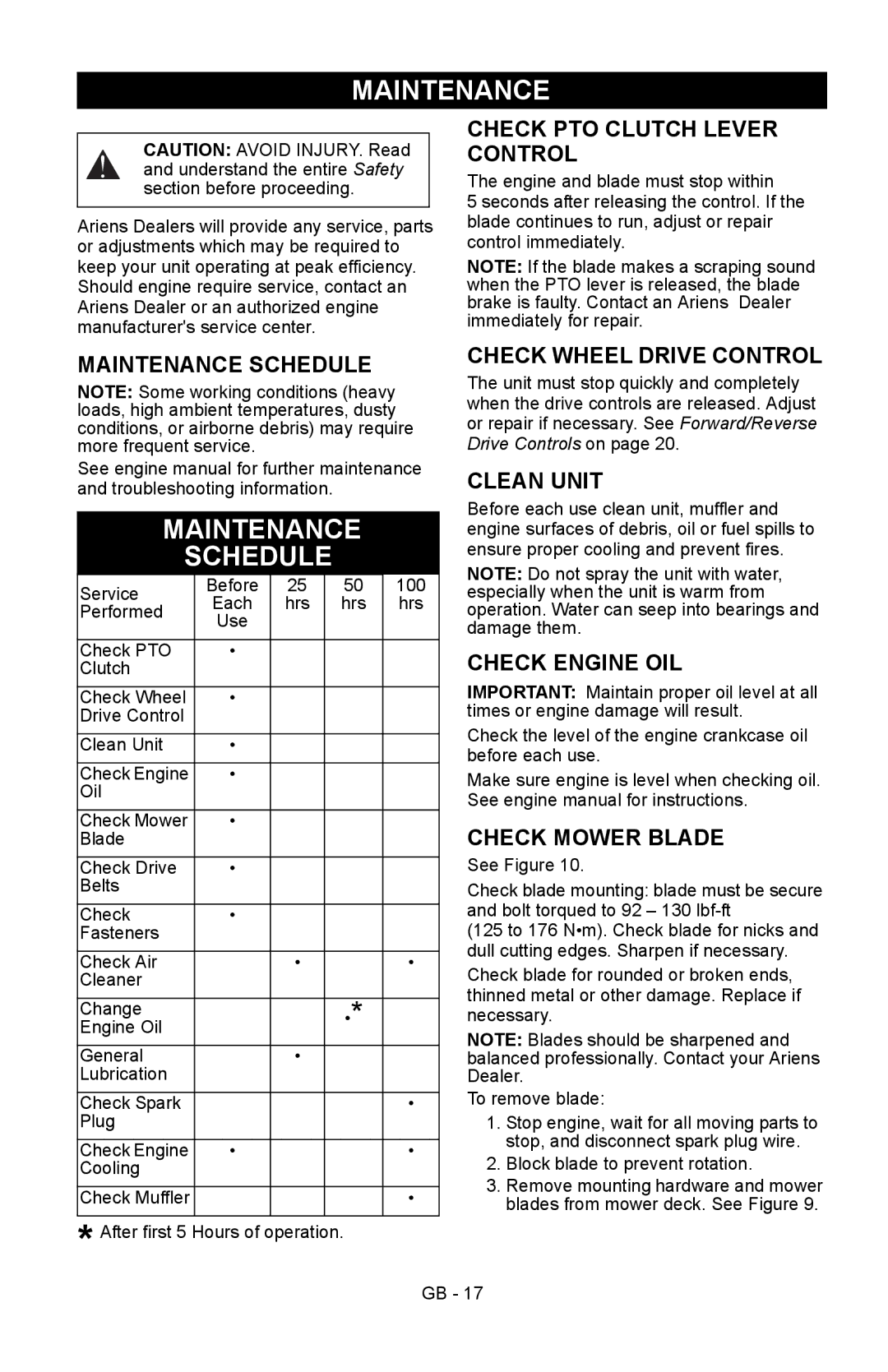 Ariens 911413 warranty Maintenance Schedule 