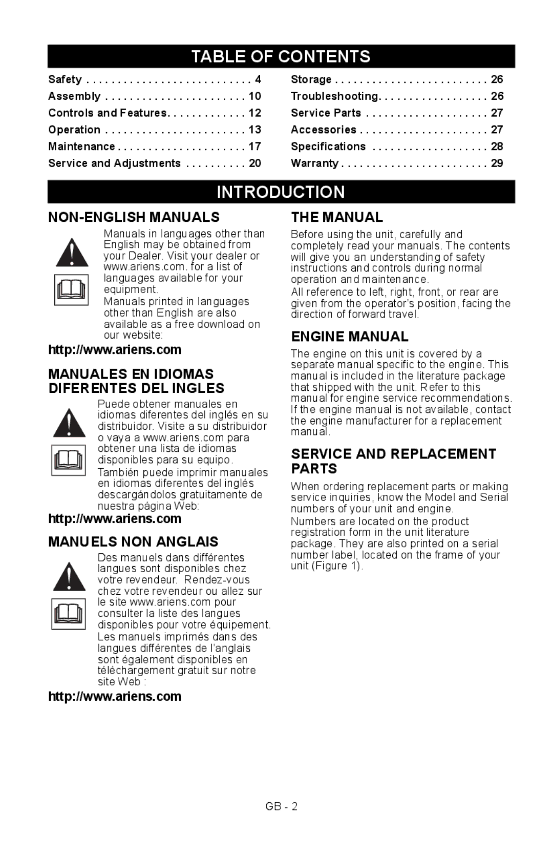 Ariens 911413 warranty Table of Contents, Introduction 