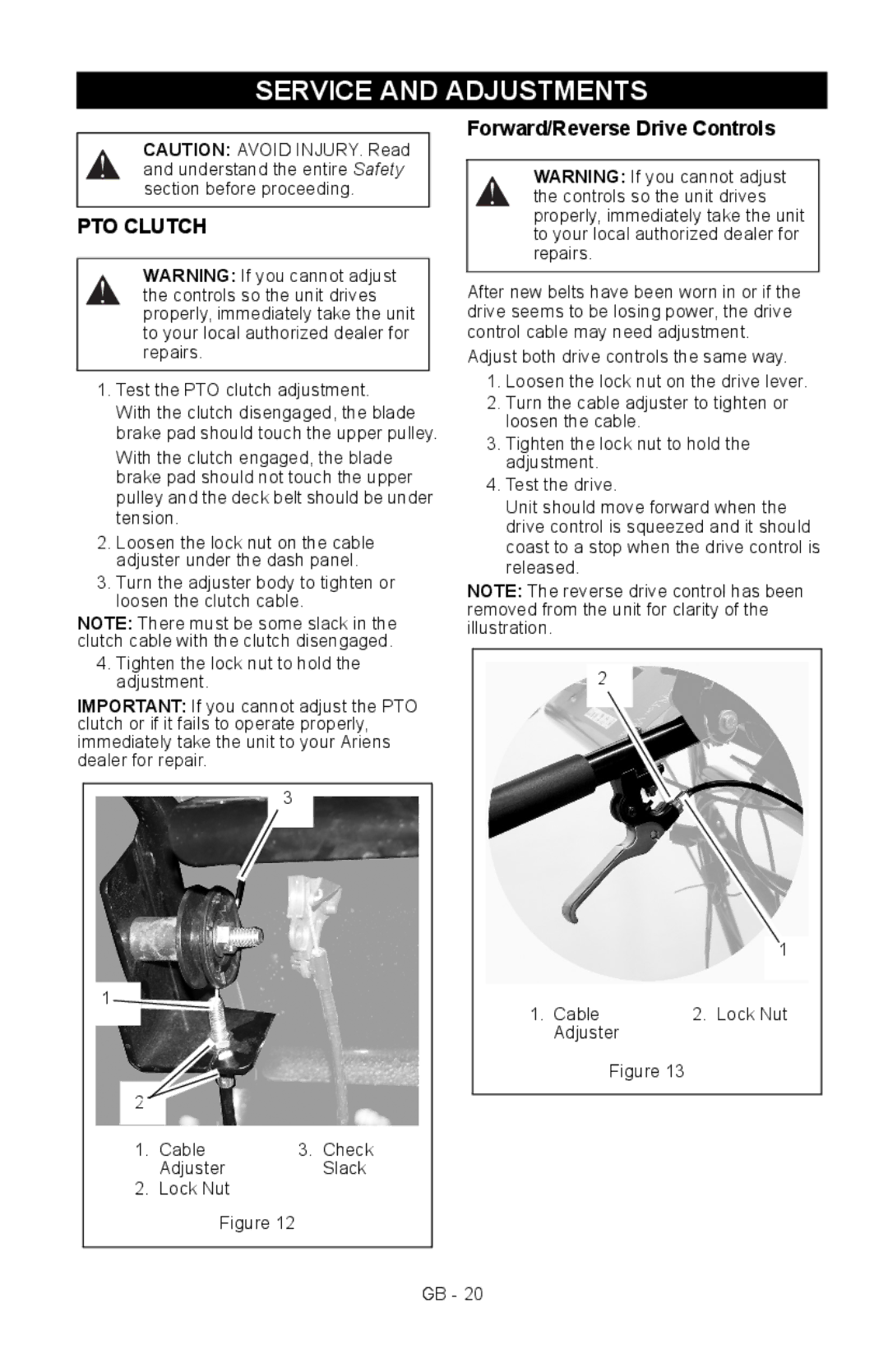 Ariens 911413 warranty Service and Adjustments, Forward/Reverse Drive Controls 