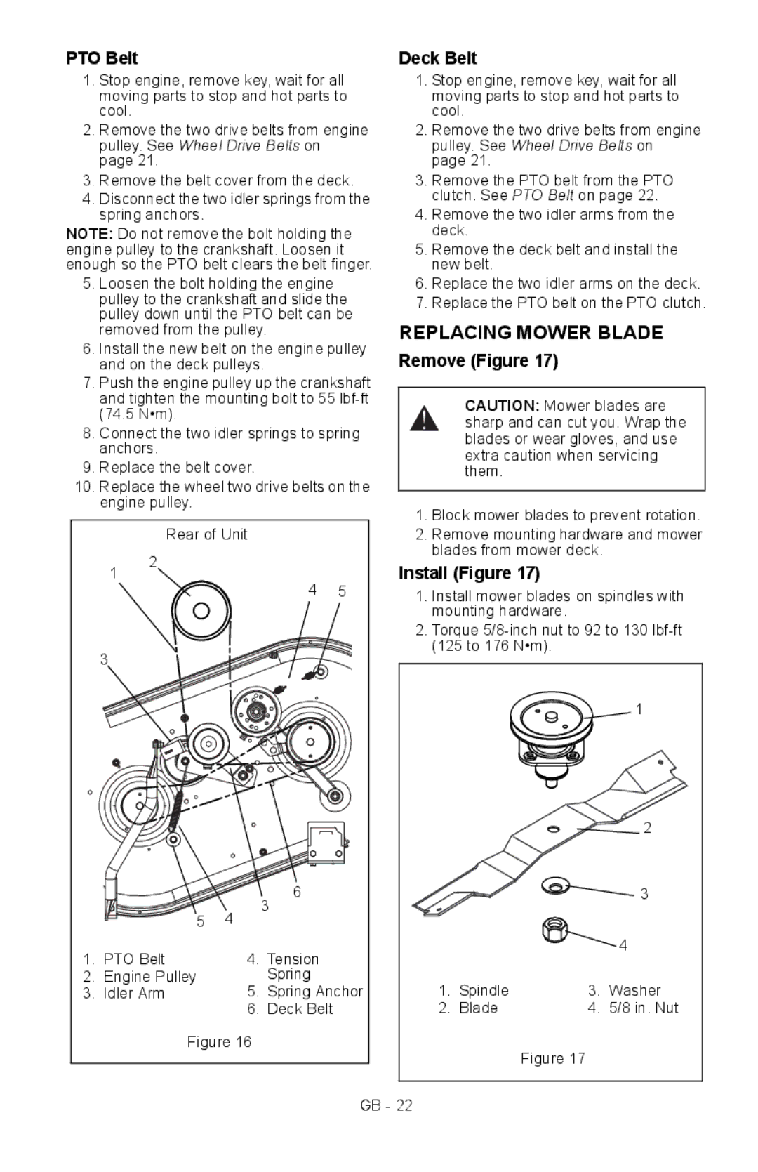 Ariens 911413 warranty Replacing Mower Blade, PTO Belt Deck Belt, Remove Figure, Install Figure 