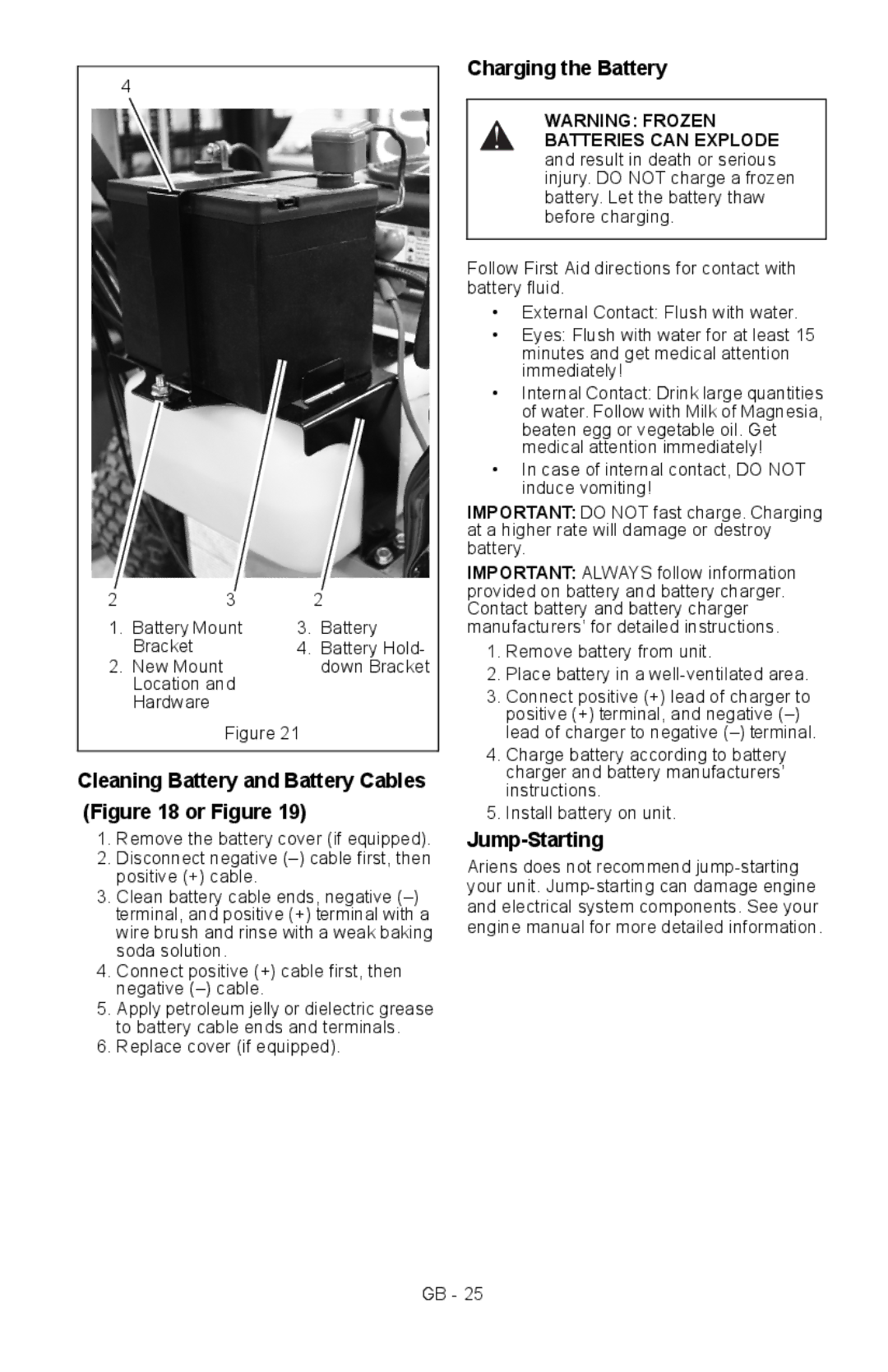 Ariens 911413 warranty Cleaning Battery and Battery Cables or Figure, Charging the Battery, Jump-Starting 