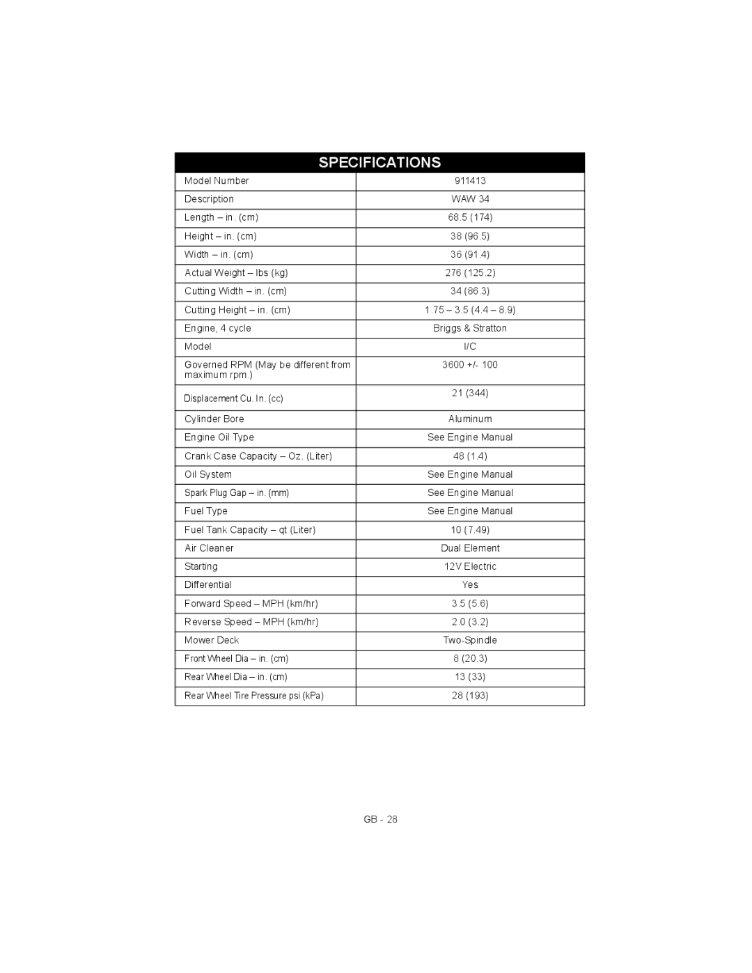 Ariens 911413 warranty Specifications 