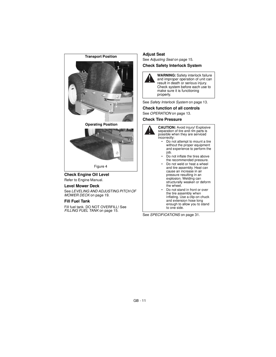 Ariens 915163 ZOOM XL 42 Check Engine Oil Level, Level Mower Deck, Fill Fuel Tank, Adjust Seat, Check Tire Pressure 