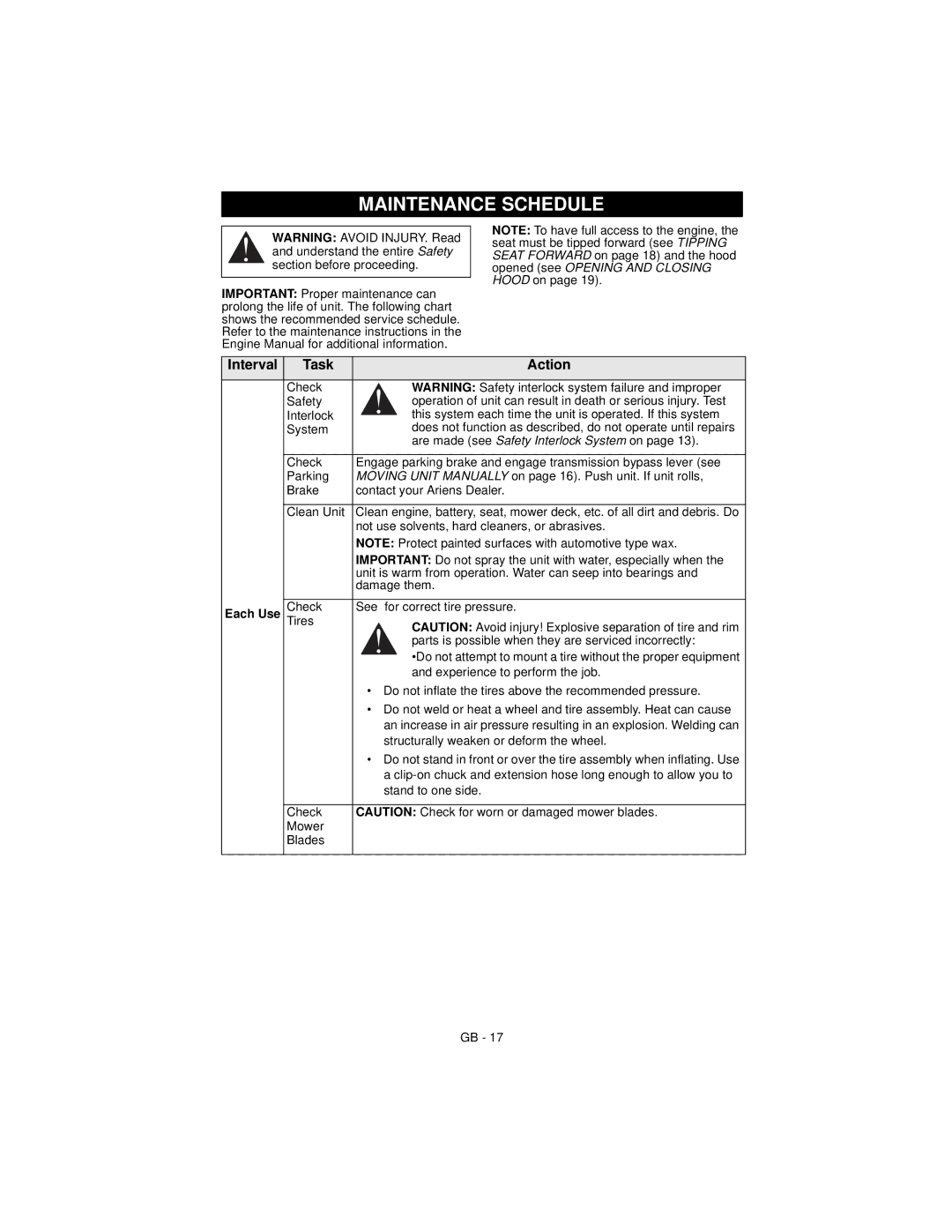 Ariens 915163 ZOOM XL 42, 915165 ZOOM XL 48, 915173 ZOOM XL 54 warranty Maintenance Schedule, Interval Task Action 