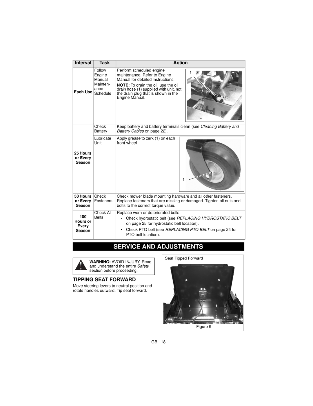 Ariens 915165 ZOOM XL 48, 915173 ZOOM XL 54 warranty Service and Adjustments, Tipping Seat Forward, Hours or Every Season 