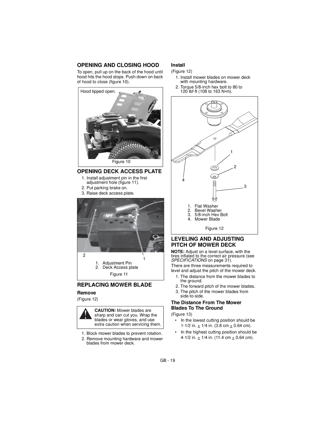 Ariens 915173 ZOOM XL 54, 915165 ZOOM XL 48 Opening and Closing Hood, Opening Deck Access Plate, Replacing Mower Blade 