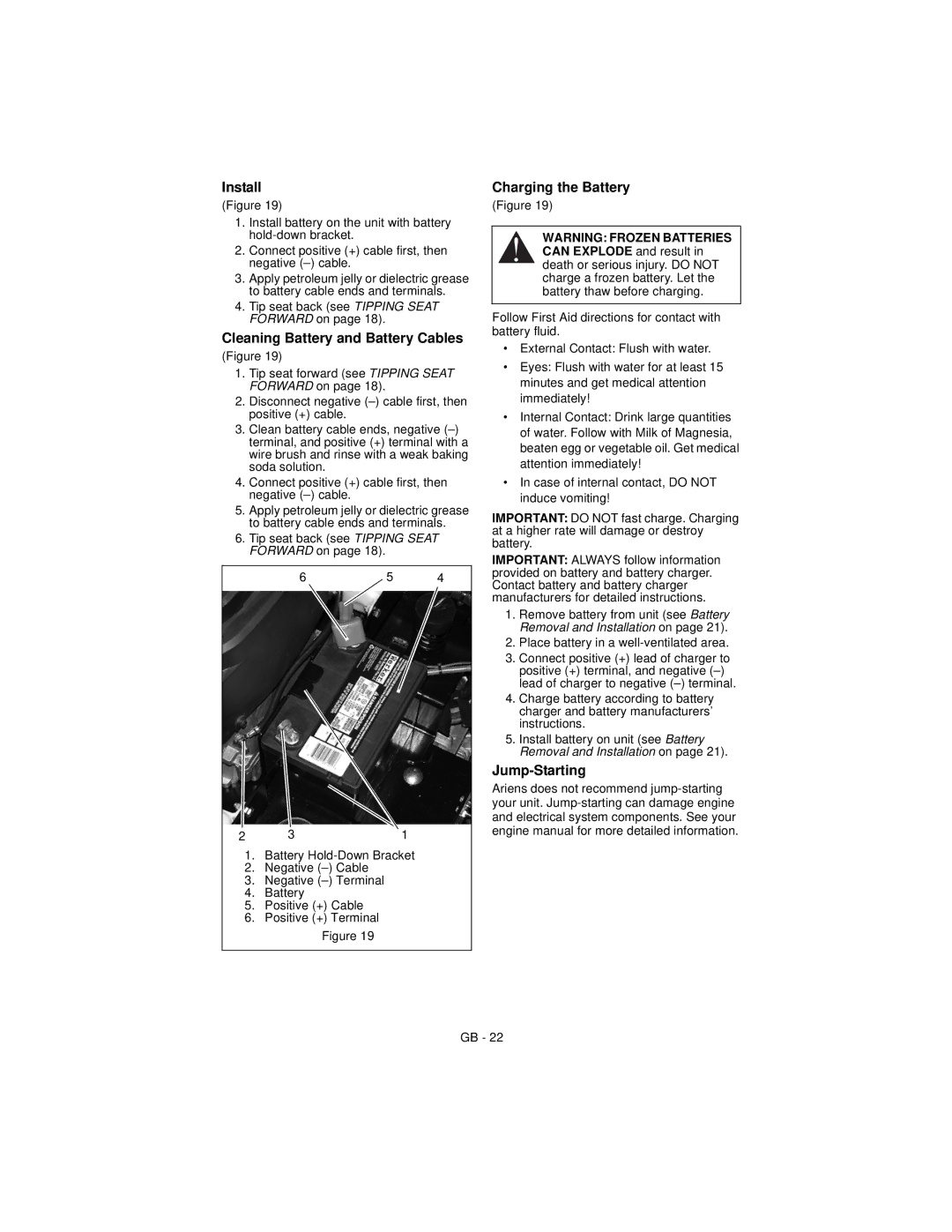 Ariens 915173 ZOOM XL 54, 915165 ZOOM XL 48 Cleaning Battery and Battery Cables, Charging the Battery, Jump-Starting 