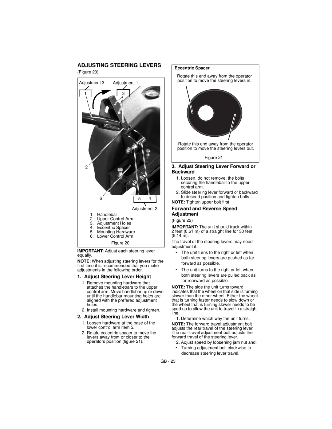 Ariens 915163 ZOOM XL 42, 915165 ZOOM XL 48, 915173 ZOOM XL 54 warranty Adjusting Steering Levers 