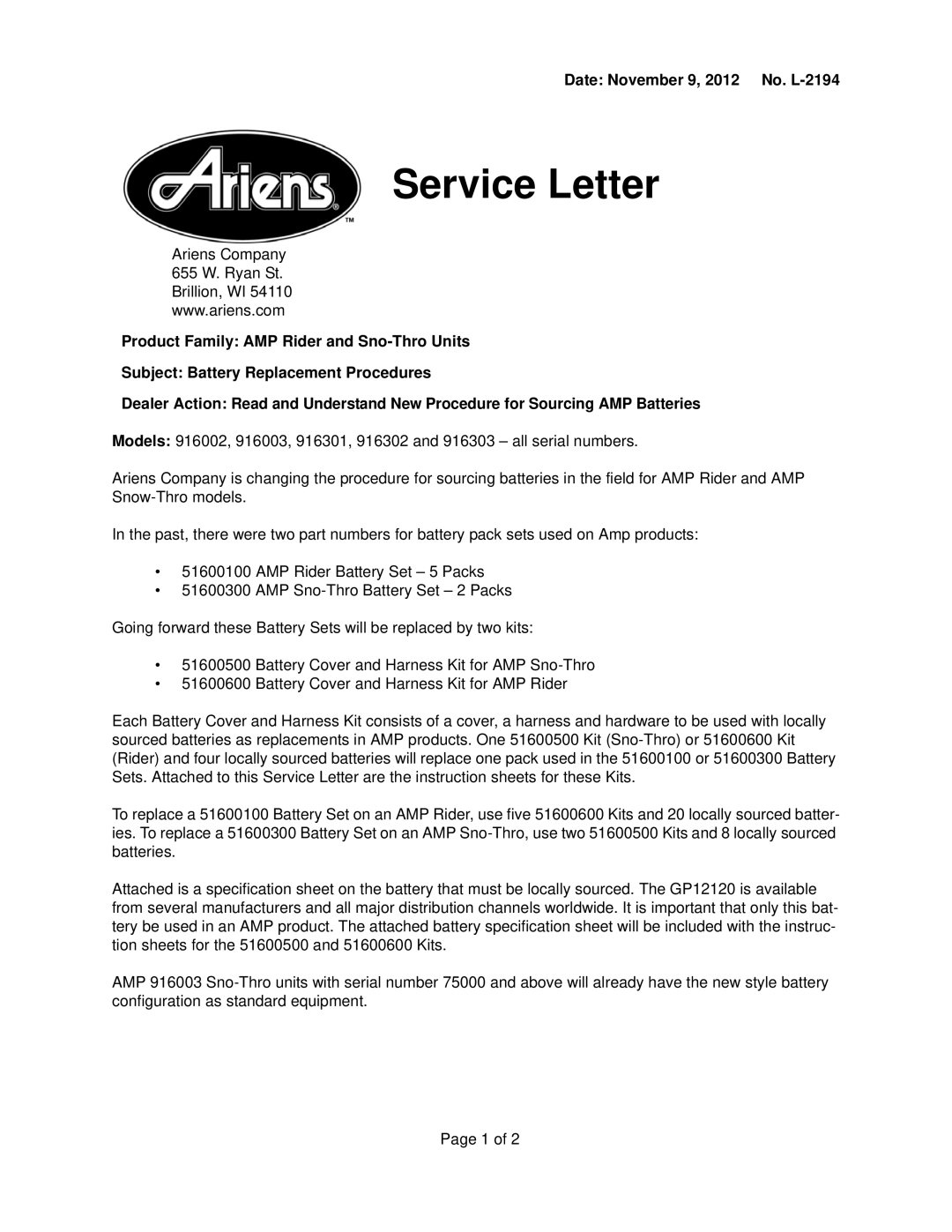 Ariens 916003, 916303, 916002, 916302, 916301 instruction sheet Service Letter 