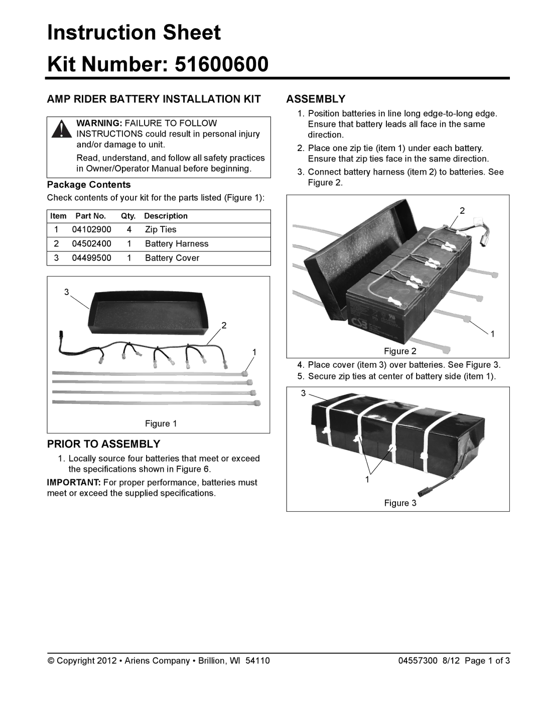 Ariens 916302, 916303, 916003, 916002, 916301 AMP Rider Battery Installation KIT, Prior to Assembly, Package Contents 