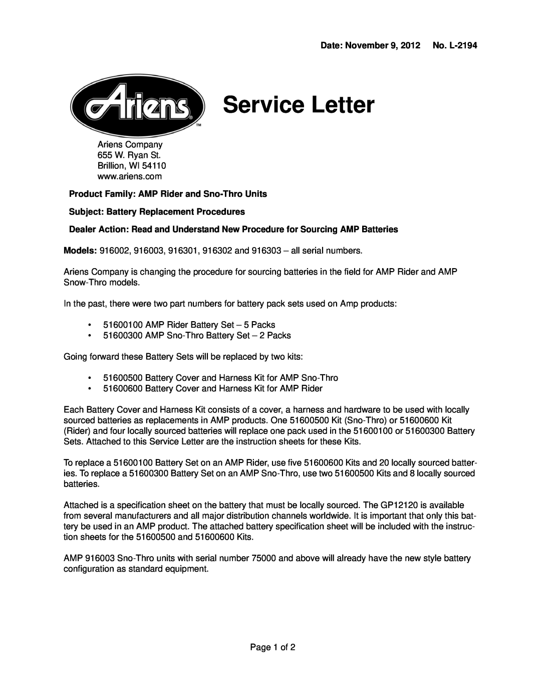 Ariens 916003, 916303 instruction sheet Date November 9, 2012 No. L-2194, Product Family AMP Rider and Sno-ThroUnits 
