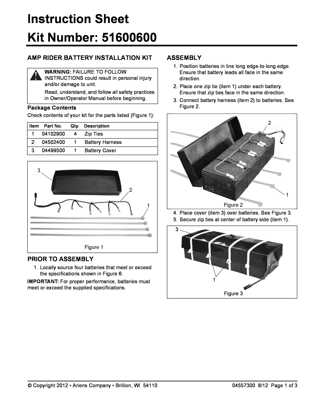 Ariens 916302 Instruction Sheet Kit Number, Amp Rider Battery Installation Kit, Prior To Assembly, Package Contents 