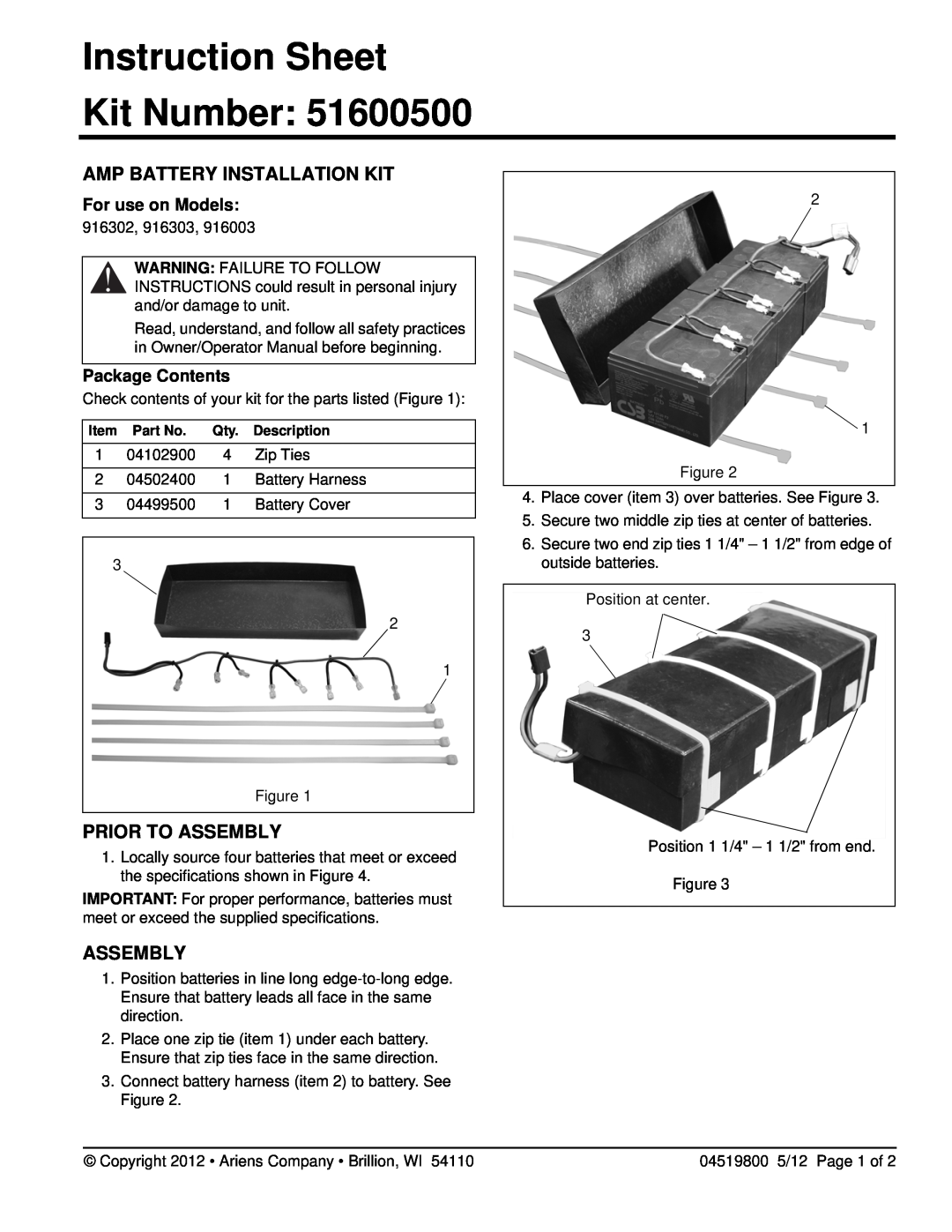 Ariens 916003, 916303 Amp Battery Installation Kit, For use on Models, Instruction Sheet Kit Number, Prior To Assembly 