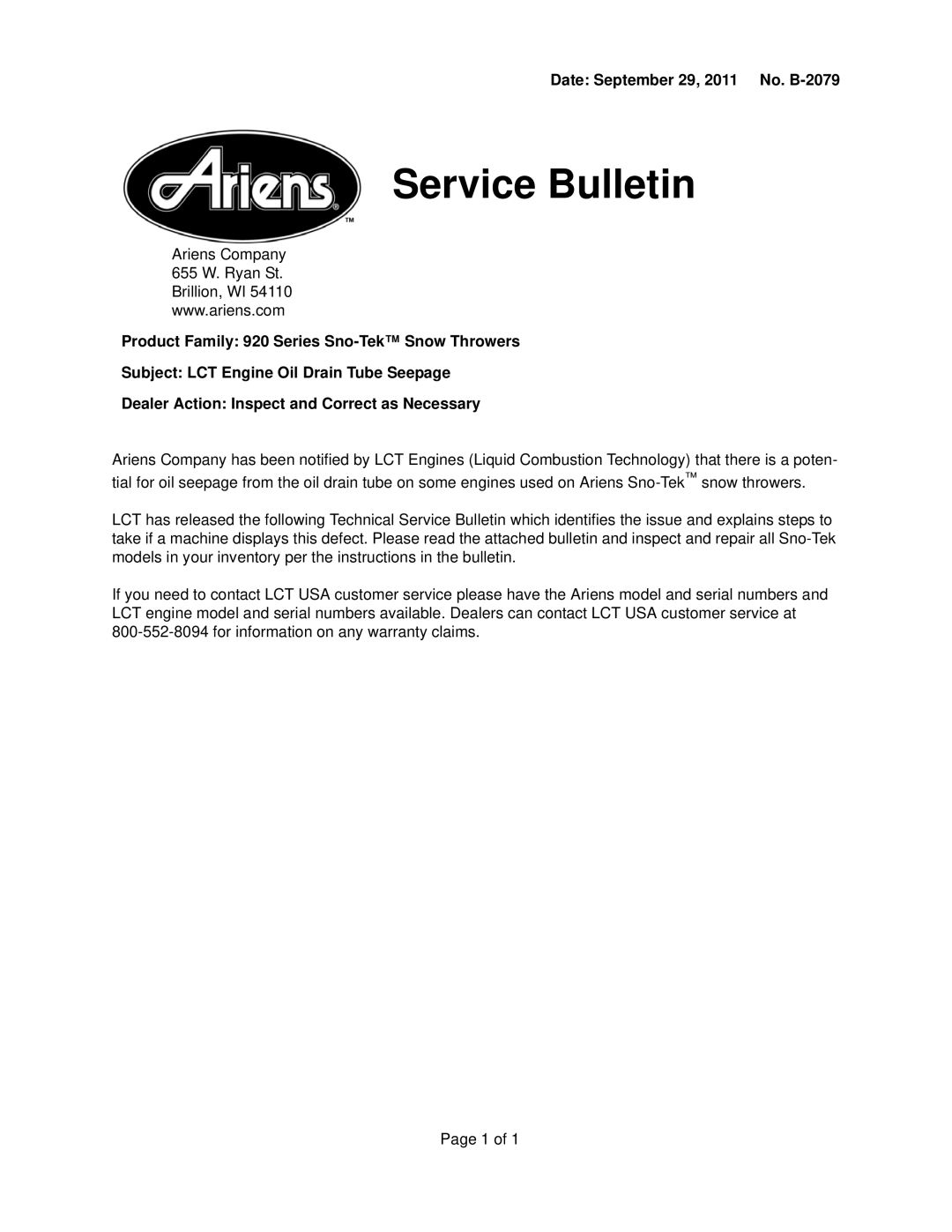 Ariens 920 warranty Service Bulletin 