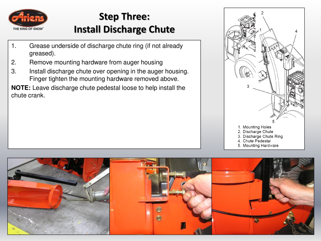 Ariens 920022 Step Three Install Discharge Chute, Grease underside of discharge chute ring if not already greased 