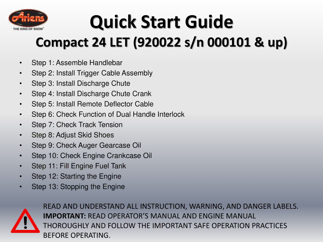 Ariens 920022 quick start Quick Start Guide 