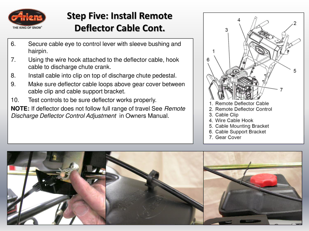 Ariens 920022 quick start Step Five Install Remote Deflector Cable 