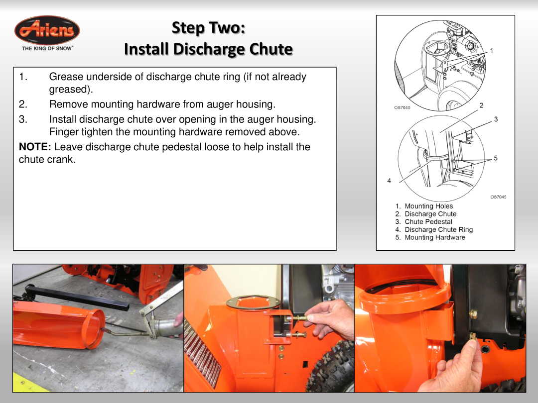 Ariens 921023 quick start Step Two Install Discharge Chute, Grease underside of discharge chute ring if not already greased 