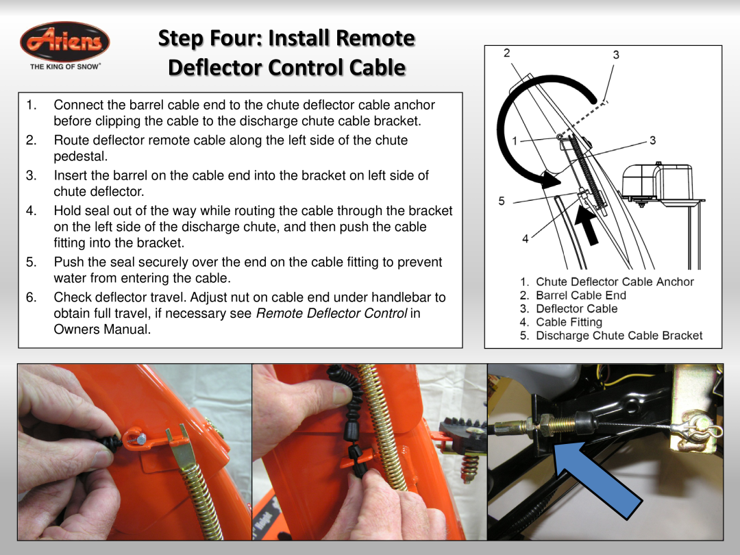 Ariens 921023 quick start Step Four Install Remote Deflector Control Cable 