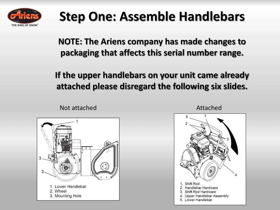 Ariens 921023 quick start Step One Assemble Handlebars, Not attached 